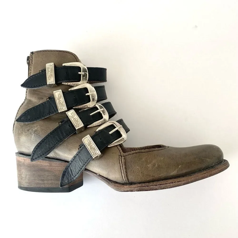 Freebird by Steven Scarlett Olive Brown Multi-Buckle Ankle Boots 8 Boho Western